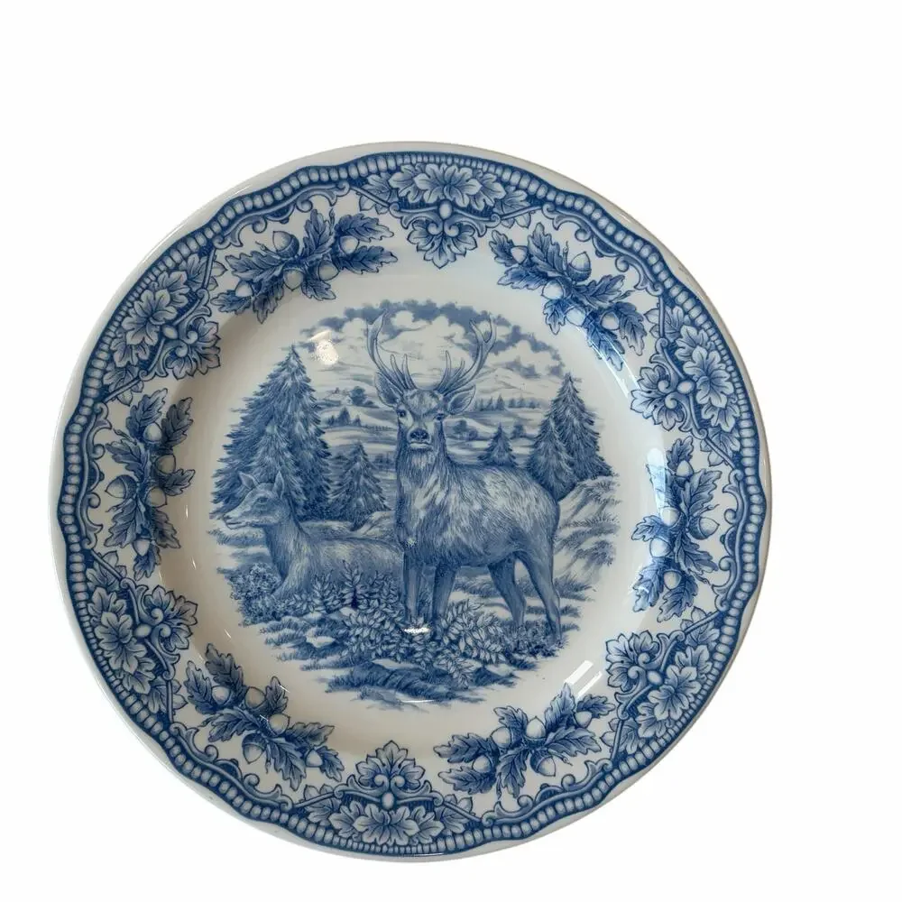 Royal Stafford Homeland STAG Dinner Plates 11in Set of 4 Blue Thanksgiving NEW